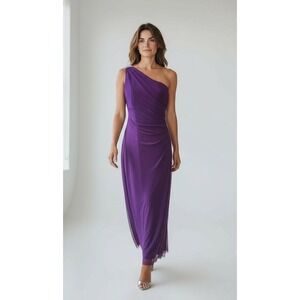 Alex Ruched Evening Gown Maxi Full Length One Shoulder Rhinestone Purple 12‎ P
